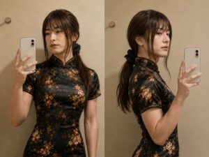黒地に花柄のチャイナ服を着た女装男子が、低いひとつ結びを正面と横から見せた比較写真