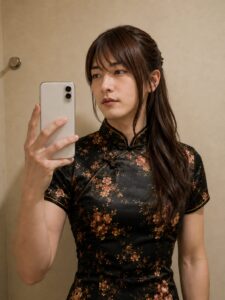 黒地に花柄のチャイナ服を着た女装男子が、髪を片側へ流して立ち襟を見せた上半身写真