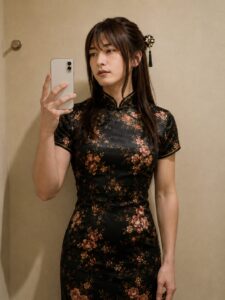黒地に花柄のチャイナ服を着た女装男子が、ハーフアップに中華風の髪飾りを付けた上半身写真