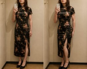黒地に花柄のロングチャイナ服を着た女装男子が、補整を控えた状態とウエストを少し押さえた状態を並べた全身比較