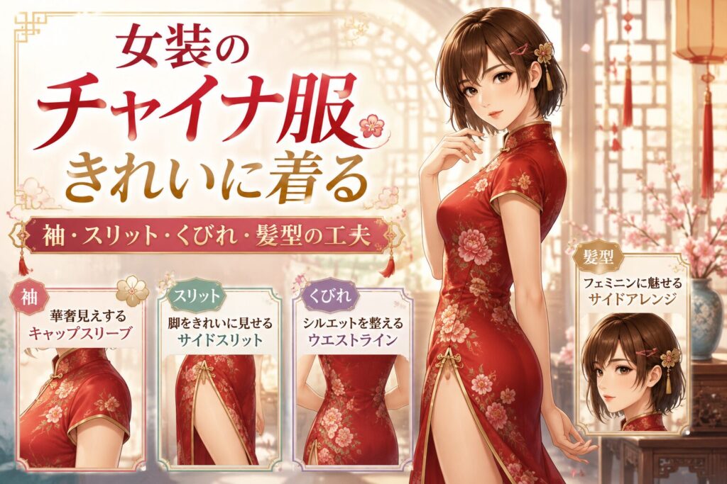 袖ありのロングチャイナ服を着た女装男子が、立ち襟と片側スリットを見せて立つ全身画像