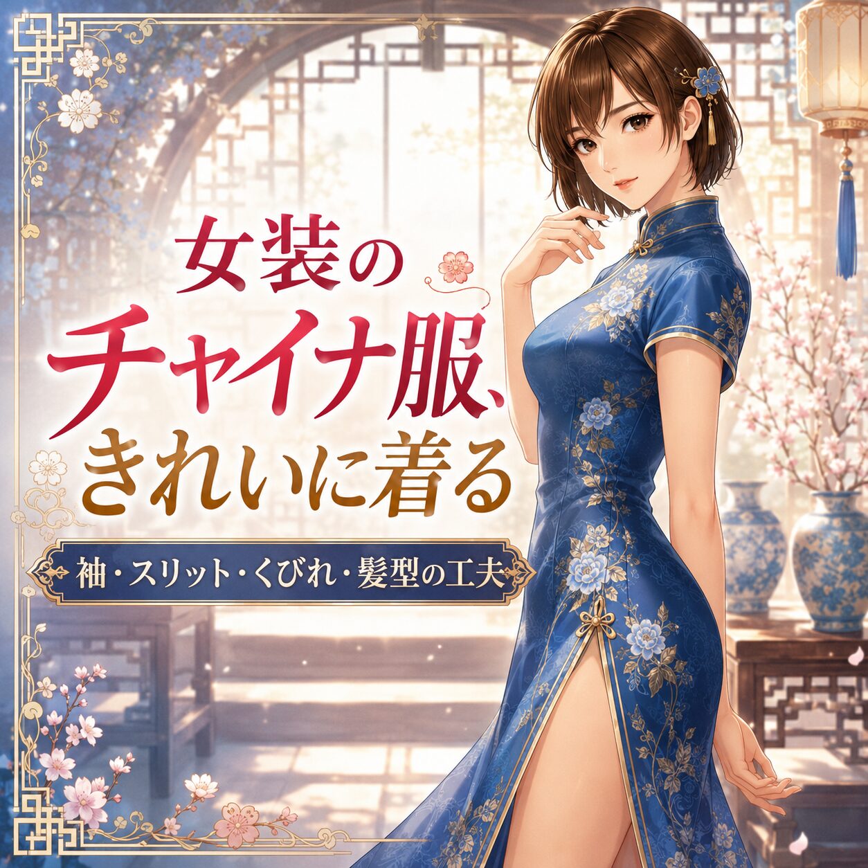 女装男子が袖ありのチャイナ服を着て、スリットから脚を見せるイラスト