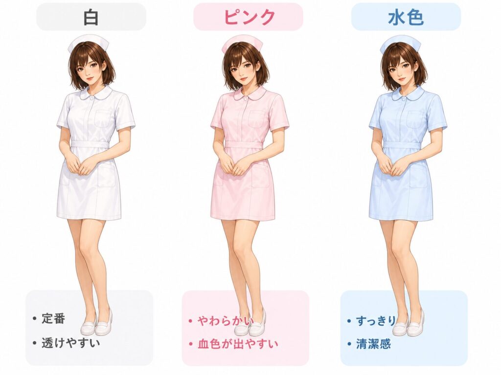 白・ピンク・水色のナース服を並べ、透けやすさとコスプレ感の違いを比べた女装男子のイラスト