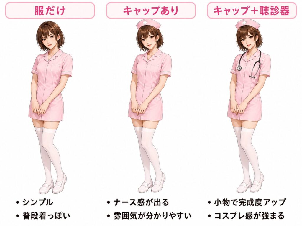 ピンクのナース服を服だけ・ナースキャップ付き・ナースキャップと聴診器付きで並べた女装男子の比較イラスト