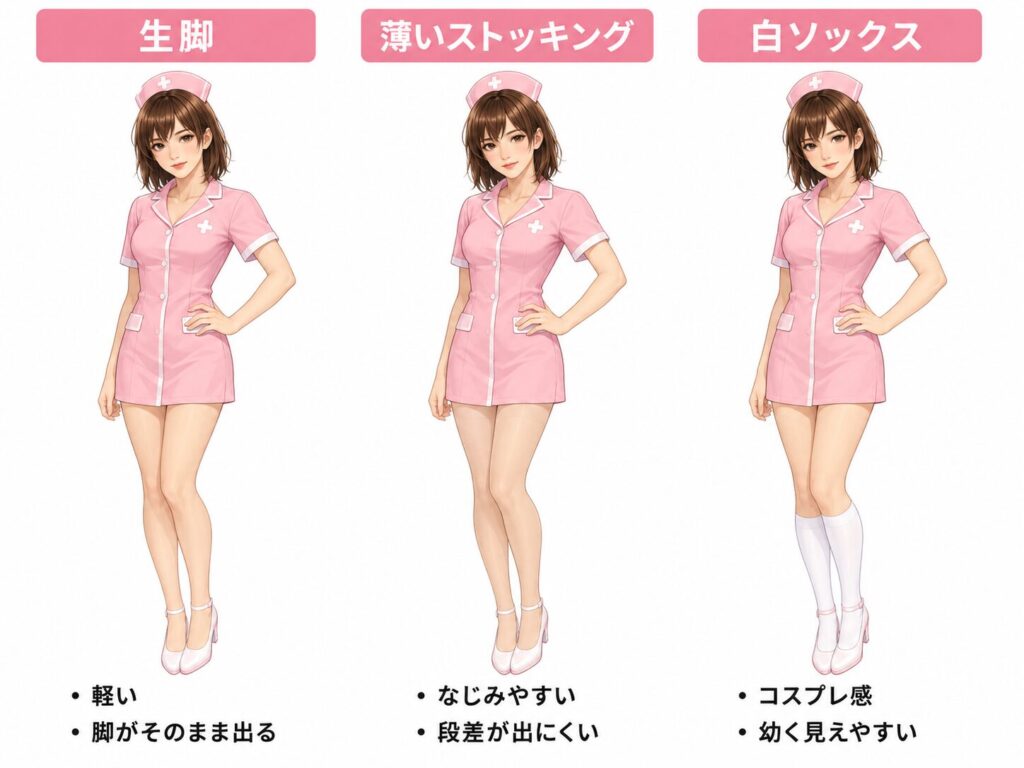 ピンクのミニ丈ナース服に生脚・薄いストッキング・白ソックスを合わせ、脚の見え方を比べた女装男子のイラスト