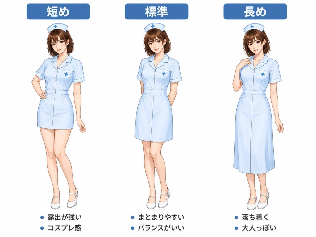 水色のナース服を短め・標準・長めの丈で並べ、脚の露出と全身の違いを比べた女装男子のイラスト