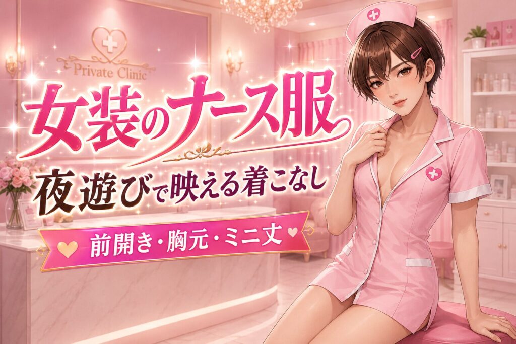 前開きのミニ丈ナース服を着た女装男子が、ナースキャップと聴診器を合わせた横長画像