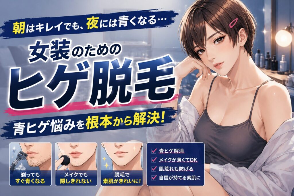 朝はきれいでも夜に青ヒゲが目立つ女装のヒゲ脱毛を紹介するトップ画像