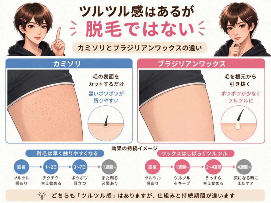 カミソリで剃った肌とブラジリアンワックス後の肌や持続期間の違い