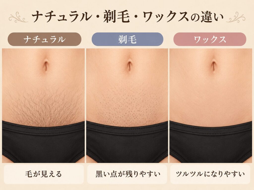 VIOの毛を残した状態と剃毛後とブラジリアンワックス後の違い