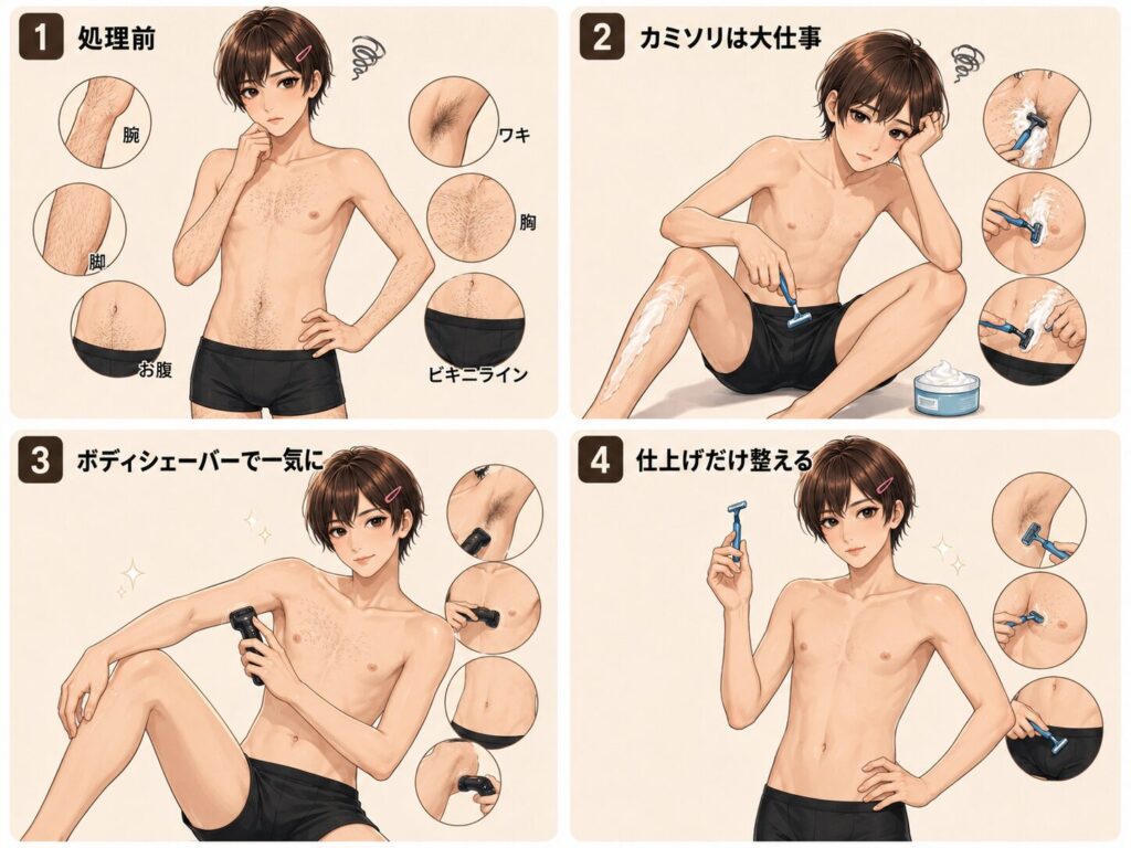 女装前に全身の長い毛をボディシェーバーで短くする流れ