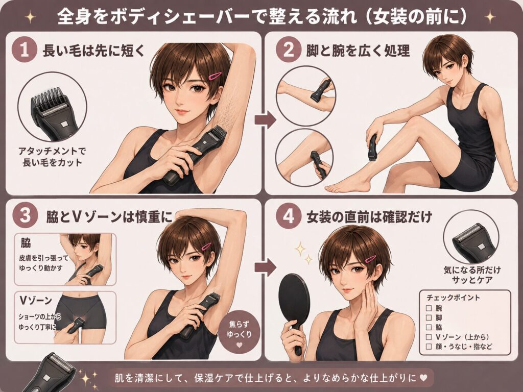 女装前に全身の長い毛をボディシェーバーで短くする流れ