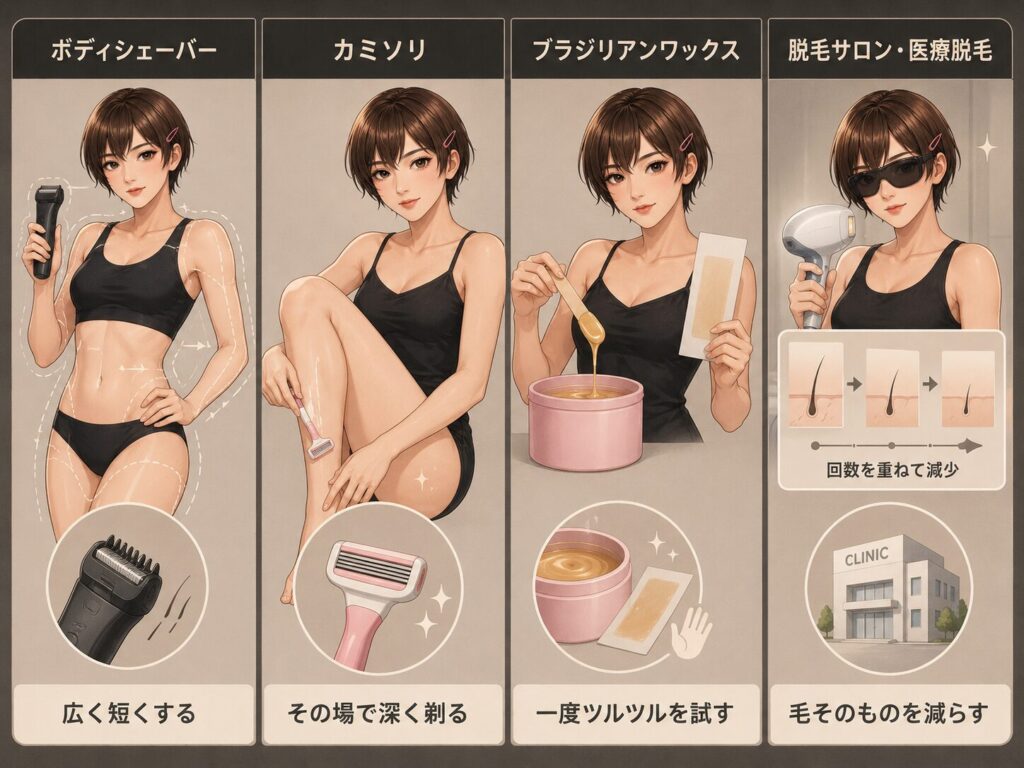 ボディシェーバーとカミソリとブラジリアンワックスと脱毛の違い