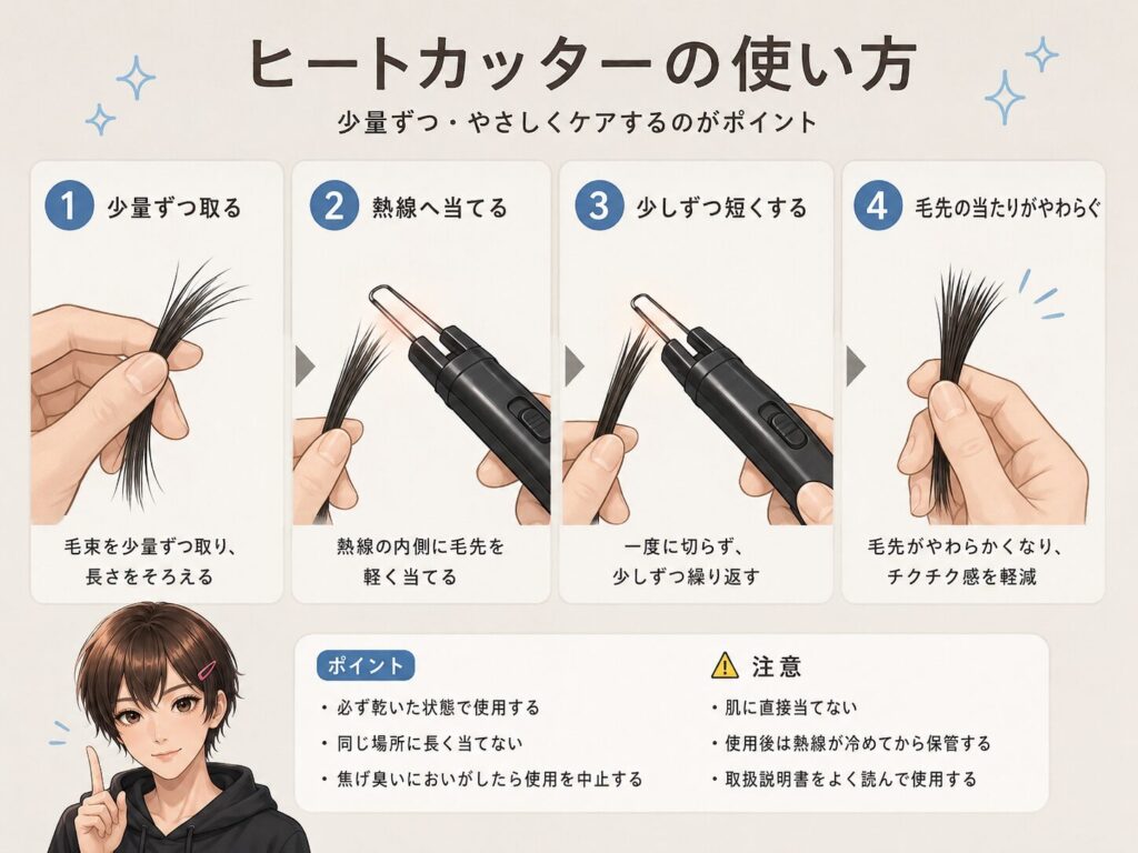 ヒートカッターで毛束を少量ずつ取り熱線で短くする使い方