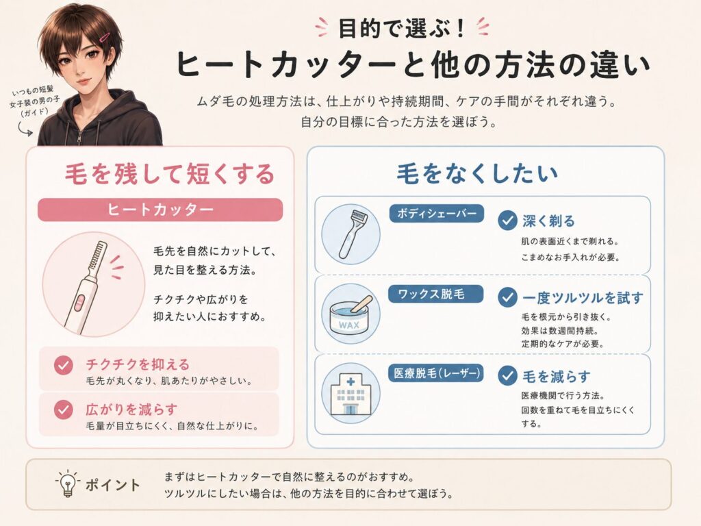 ヒートカッターとボディシェーバーとワックスと医療脱毛の違い