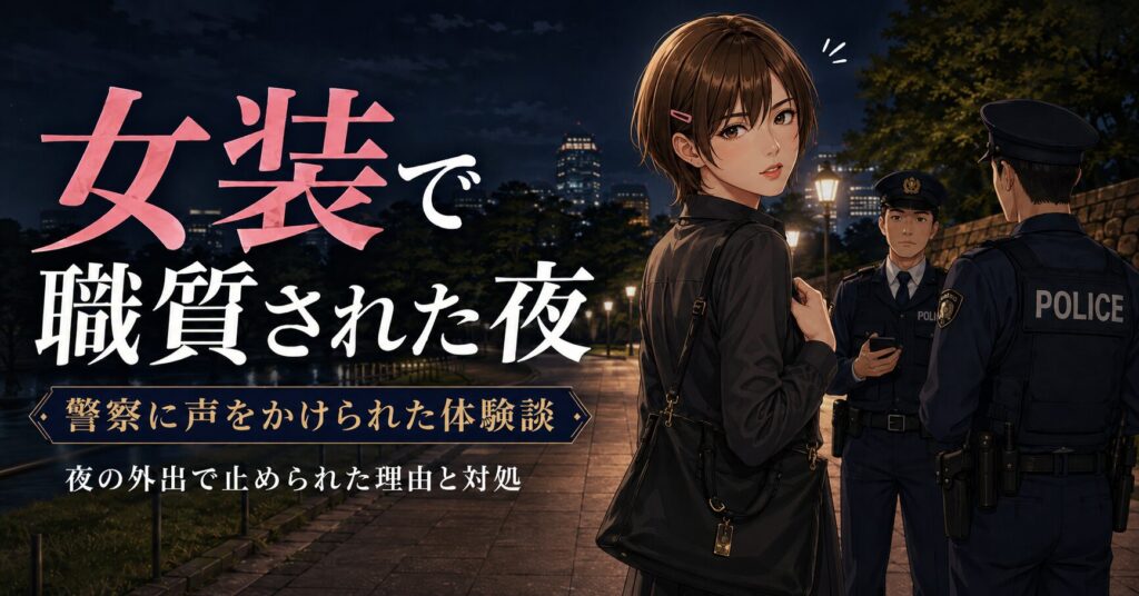 夜の街で警察官に職質される女装男子のイラスト