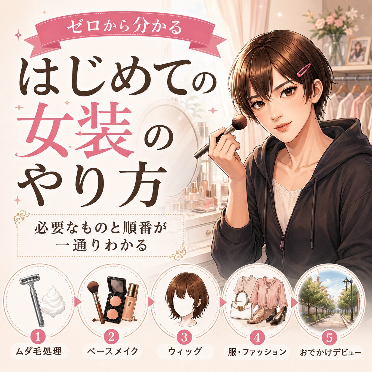 初心者向けに女装のやり方と必要なものをまとめたアイキャッチ