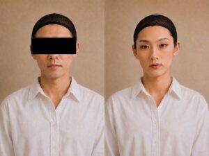 女装メイク前とメイク後の顔を比較した写真