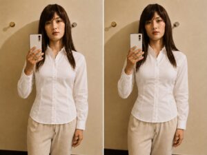 女装でブラをつける前とつけた後の胸のふくらみを比較した写真