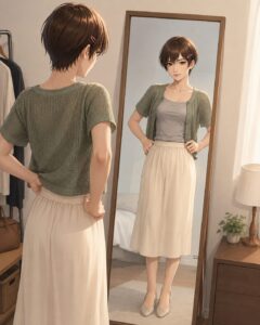 全身鏡で女装した服装と体のラインを確認する女装男子
