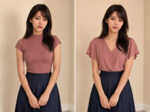 首元と袖の違うトップスで肩まわりを比較した写真