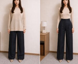 長めのトップスとウエストを出した着方で全身を比較した写真