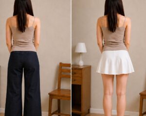 ワイドパンツと広がるスカートでお尻まわりの見え方を比較した後ろ姿
