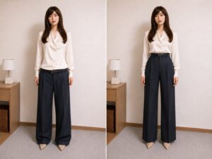 同じワイドパンツを低めと高めに履いて腰位置と脚の長さを比較した写真