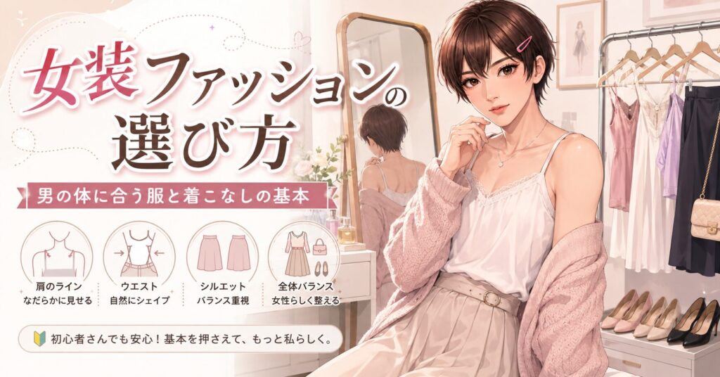 男の体に合う女装ファッションの選び方と着こなしを紹介するトップ画像
