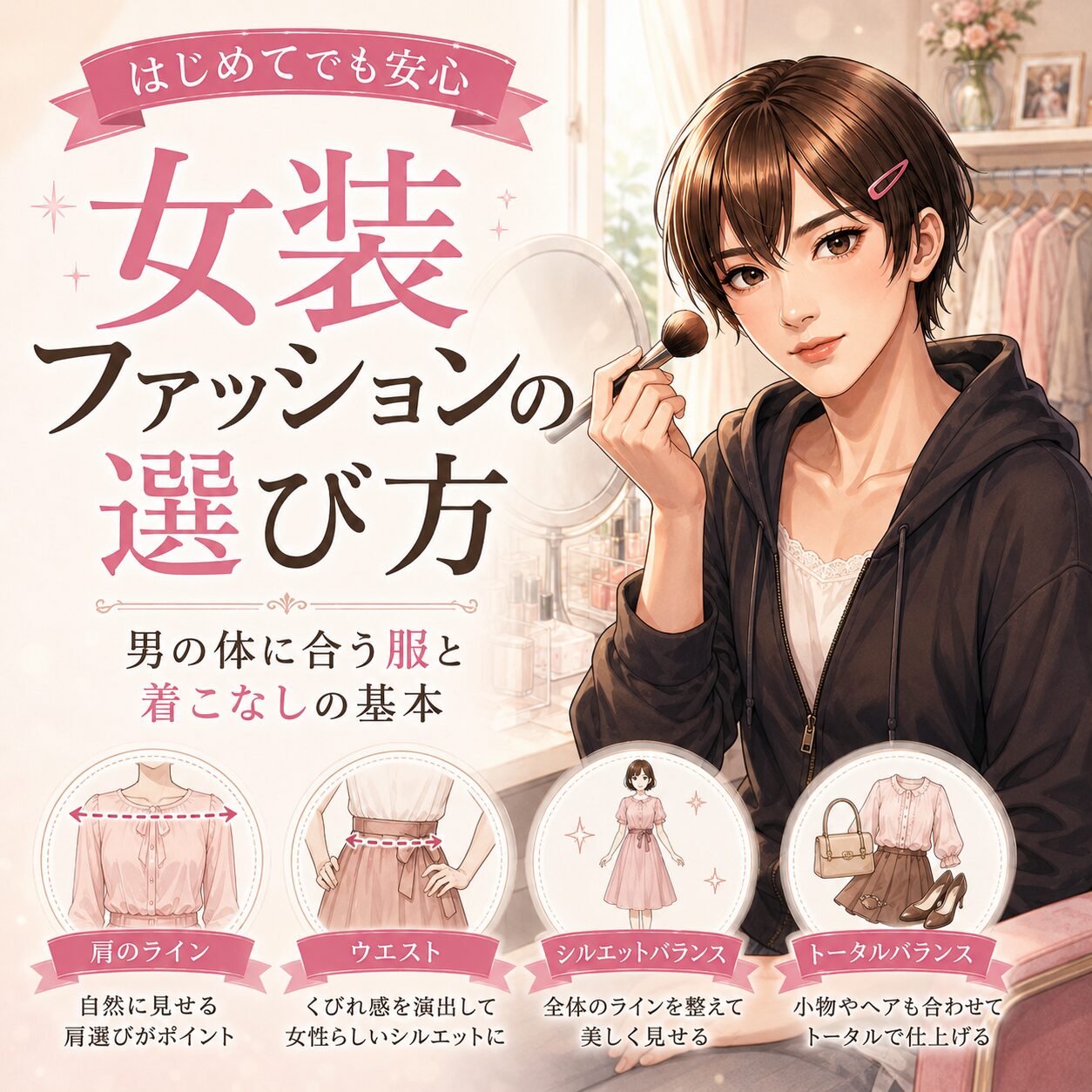 女装ファッションの選び方と男の体に合う服の着こなしをまとめたアイキャッチ