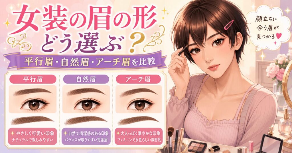 女装の眉で平行眉・自然眉・アーチ眉の形を比較したイメージ