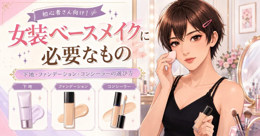 女装ベースメイクに必要な下地やファンデーション、コンシーラーのイメージ