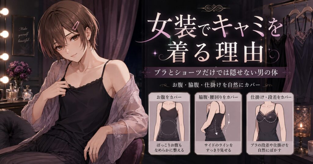 女装でキャミソールを着てお腹や脇腹を隠した姿