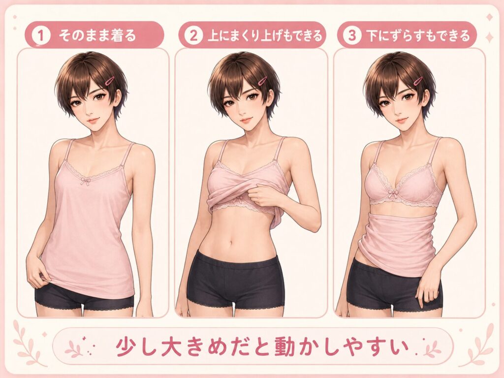 少し大きめのキャミソールを上や下に動かす着方の比較