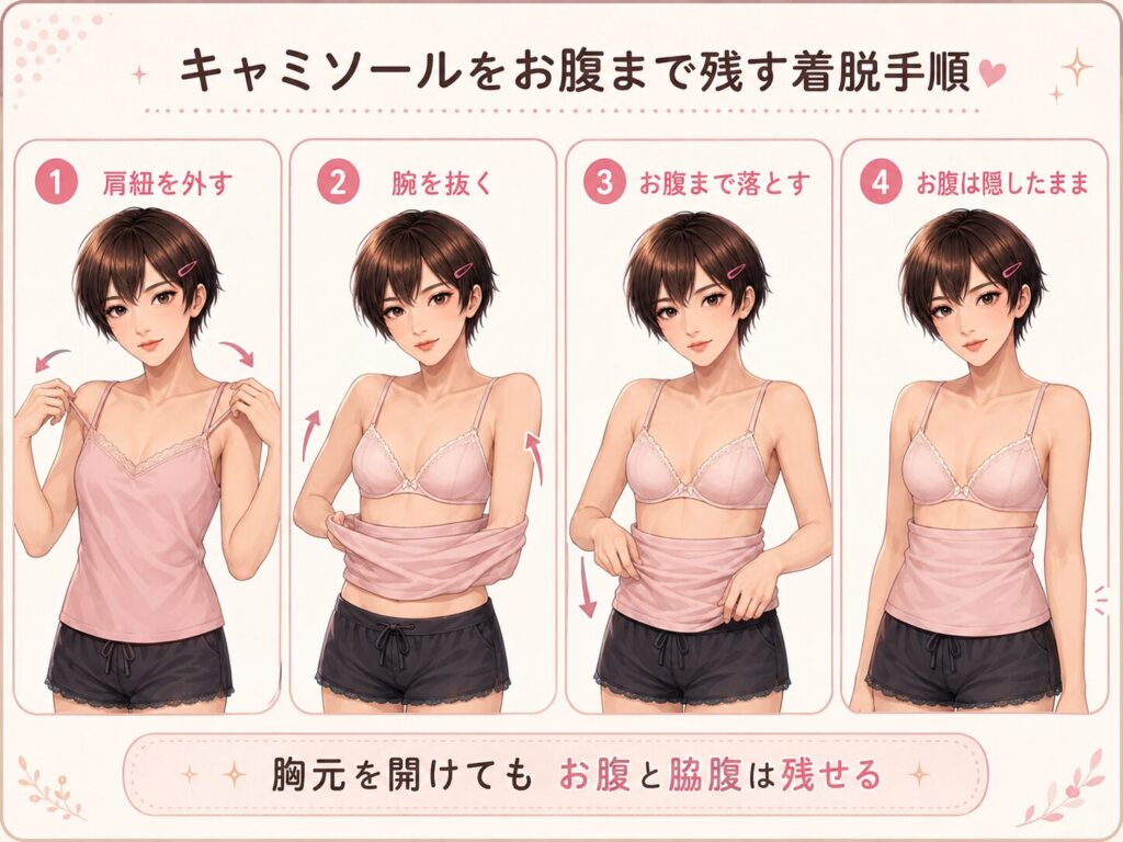 キャミソールの肩紐と腕を抜いてお腹まで下げる着脱手順