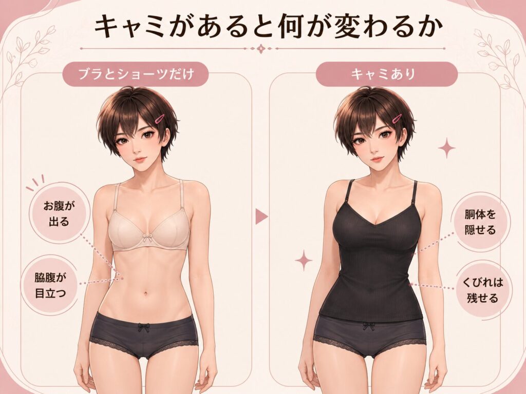 ブラとショーツだけの姿とキャミソールを着た女装の比較