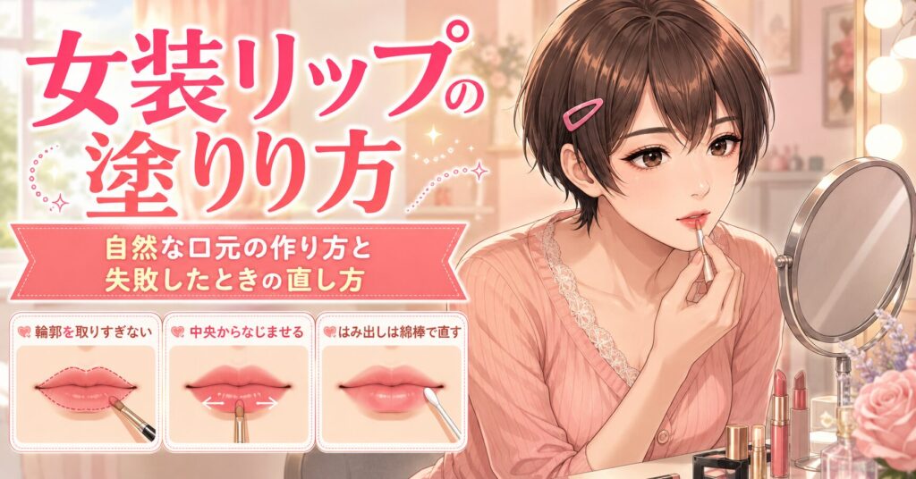 女装男子がリップを中央から塗って自然な口元を作るイメージ