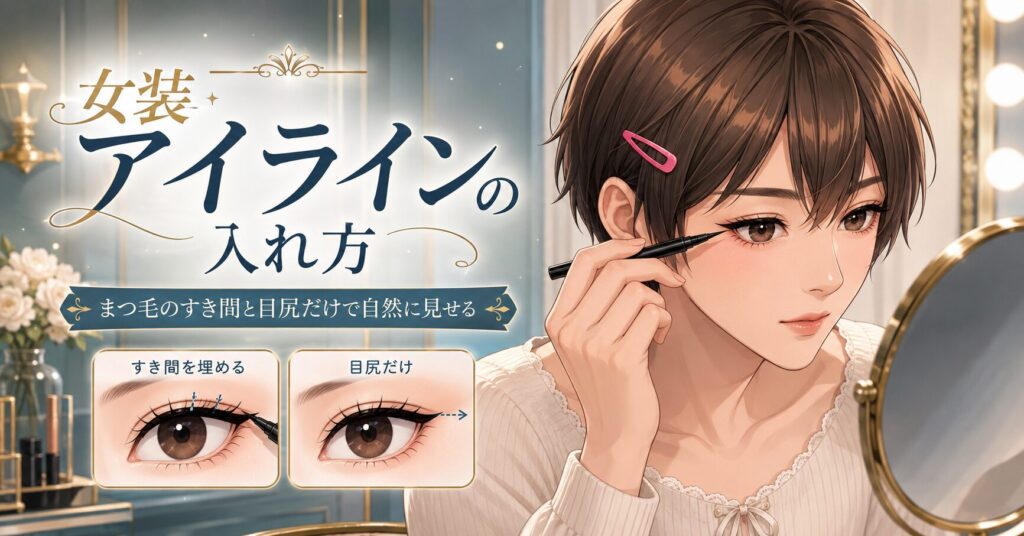 女装男子がブラウンのアイライナーでまつ毛の根元と目尻を描くイメージ