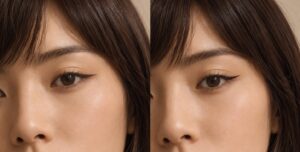 目尻を横へ伸ばしたアイラインと跳ね上げたアイラインを比較した目元