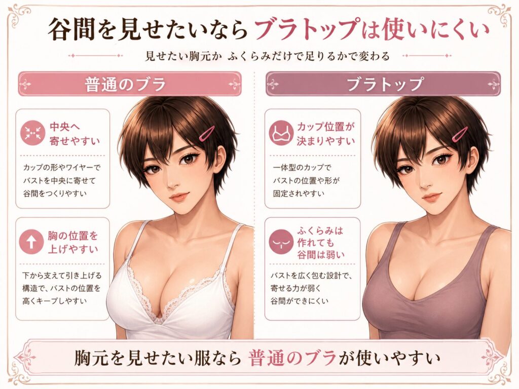 谷間を作った普通のブラとブラトップの胸元を比較した女装