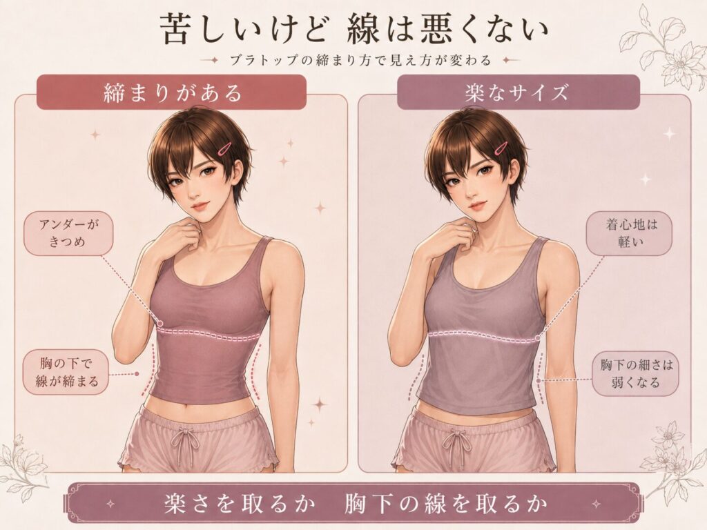 ブラトップの締め付けで胸下のラインが変わる女装の比較