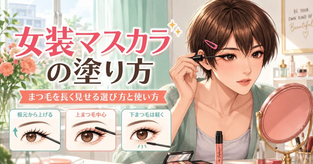 女装男子がマスカラを塗ってまつ毛を長く見せるイメージ