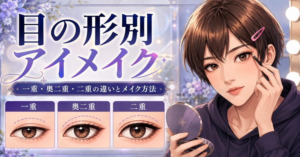 一重・奥二重・二重の目の形に合わせてアイメイクをする女装男子のイメージ