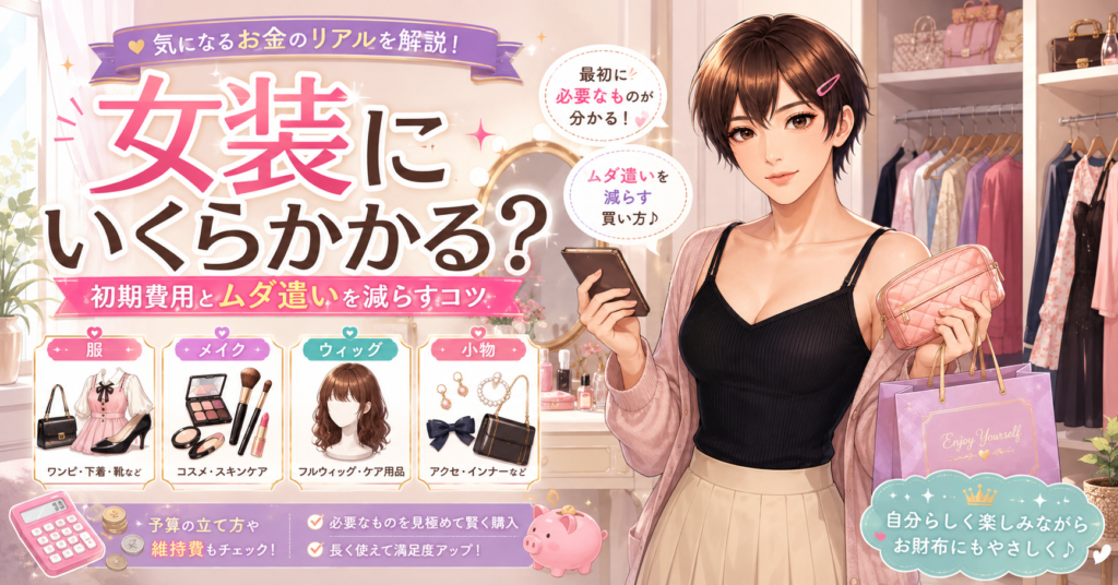 女装を始めるときに必要なメイク・ウィッグ・服と初期費用を考えるイメージ