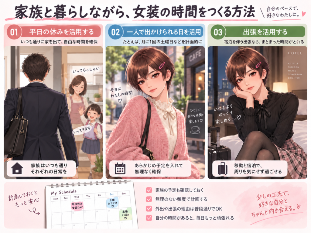 家族と暮らしながら平日の休みや出張で女装する時間を確保する