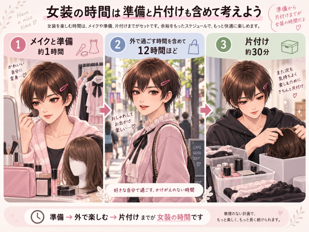 女装する時間にメイクと準備や片付けまで含めて考える