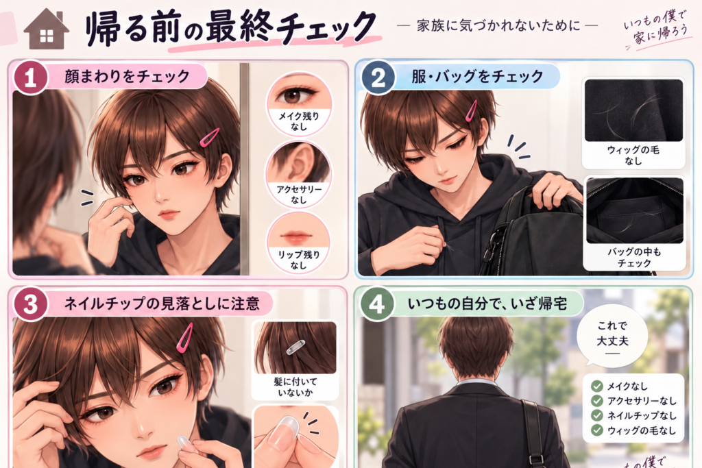 女装から帰宅する前にメイクやウィッグの毛やネイルチップを確認する