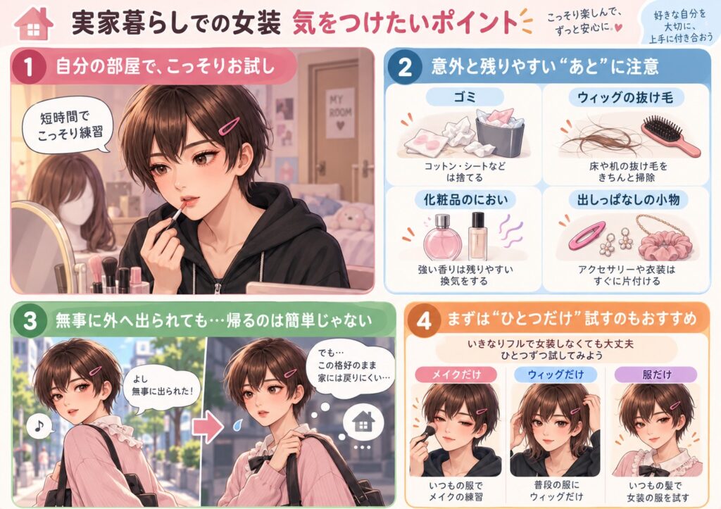 家で女装するときに気をつけたいゴミ・ウィッグの毛・帰宅時間