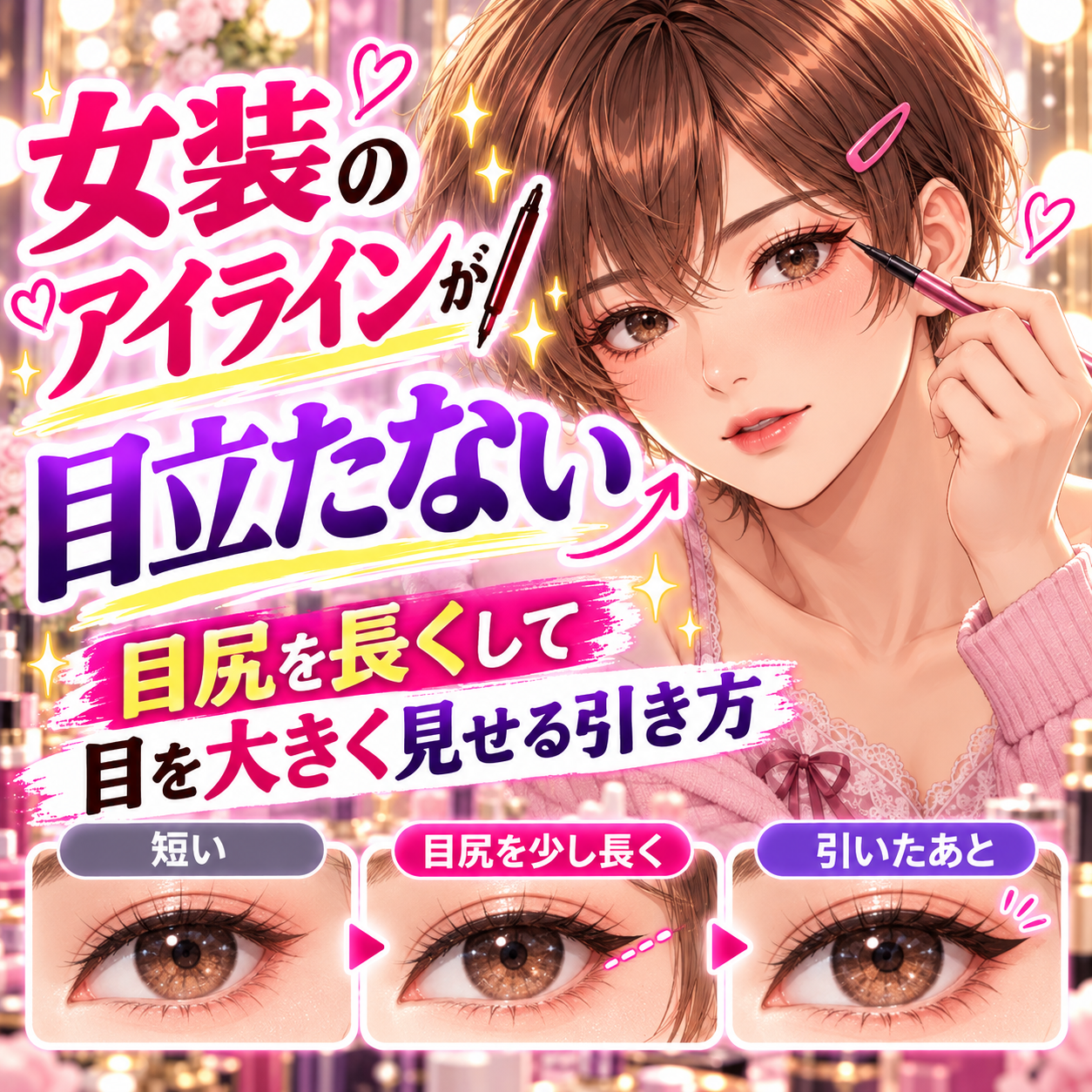 女装のアイラインを太く長く引いた目元のイメージ