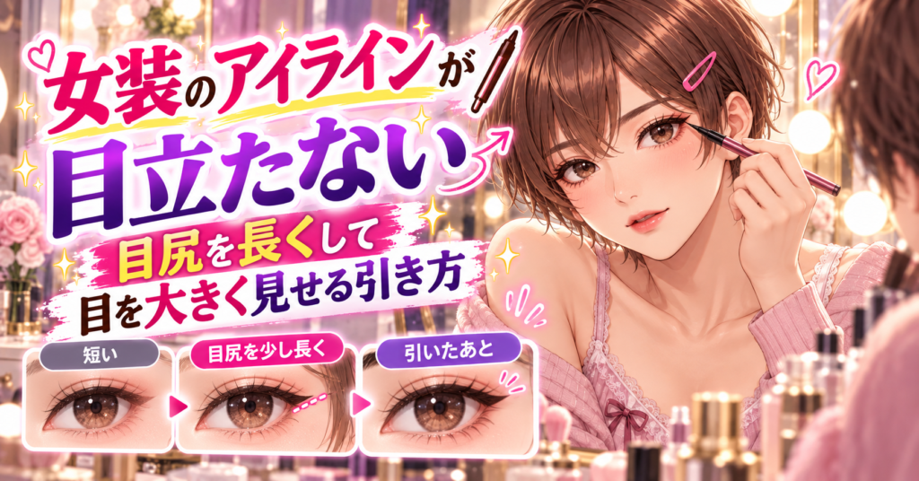 女装メイクでアイラインを目尻まで長く引いた目元